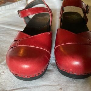 Dansko Red Leather Ankle Strapped and Closed Toe…called the Margret’s
